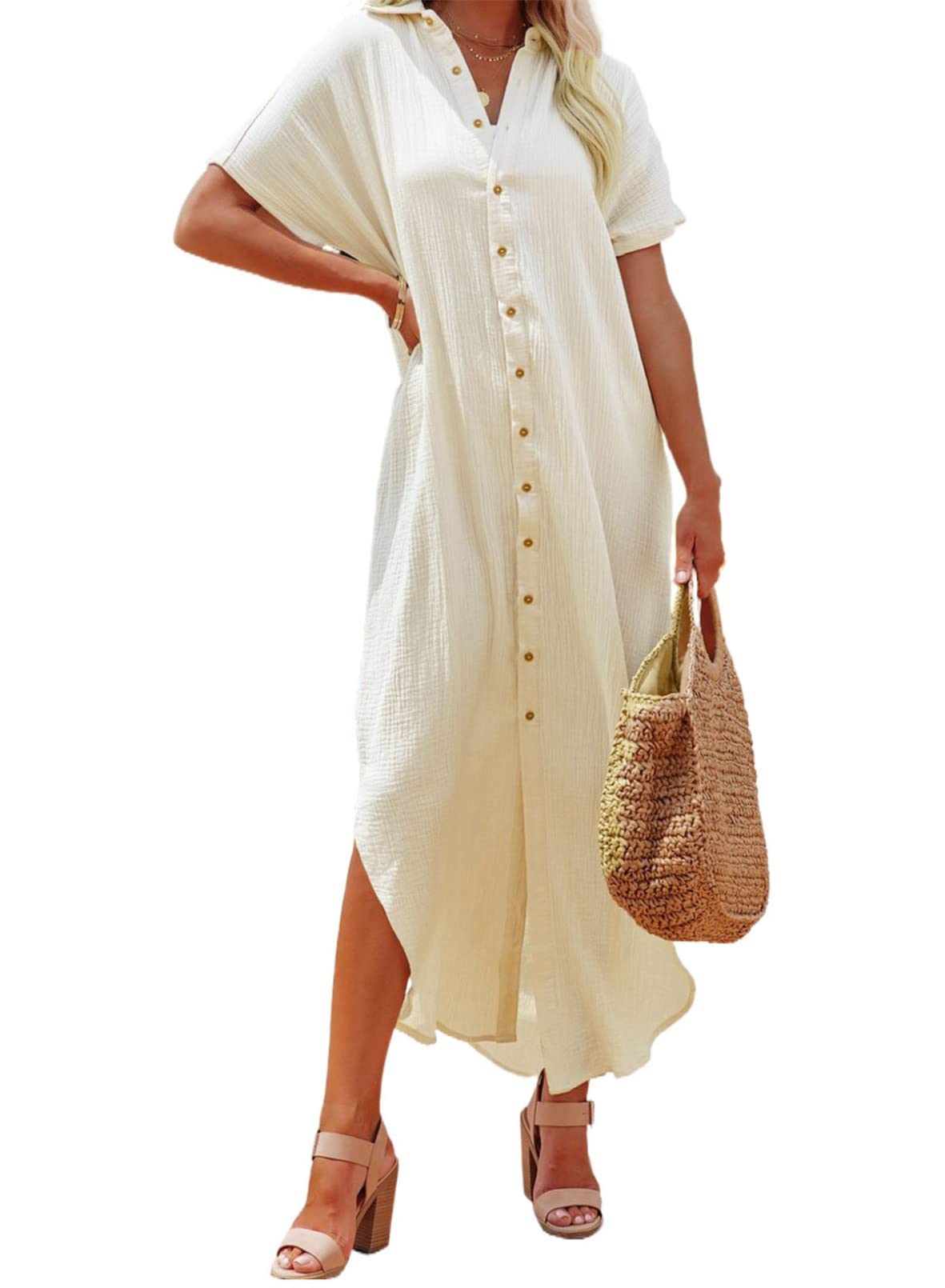 Dokotoo Womens Casual Short Sleeve Side Split Button Down Long Kimonos Cardigans Swimsuit Cover Ups Summer Beach Dress