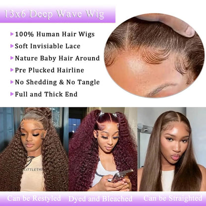20Inch Deep Wave Lace Front Wigs Human Hair-13x4 HD Transparent Deep Wave Frontal Wigs Human Hair Glueless Curly Wigs for Women 200% Density Curly Lace Front Human Hair Pre Plucked with Baby Hair
