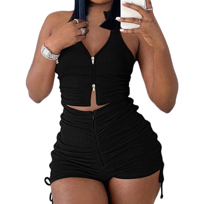 PYAEAS Summer Two Piece Outfits for Women, Casual Stretchy Ribbed Tank Crop Top Ruched Shorts Set Workout Tracksuits