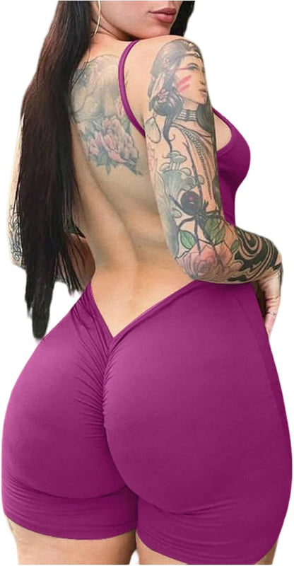 GORGLITTER Women's Backless Rompers One Piece Workout Jumpsuit Open Back Ruched Gym Shorts Bodysuit Unitard Dressy 2025