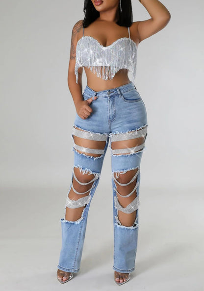 Womens Sexy Ripped Jeans High Waisted Rhinestones Pearl Chains Distressed Baggy Jeans Party Clubwear Denim Pants