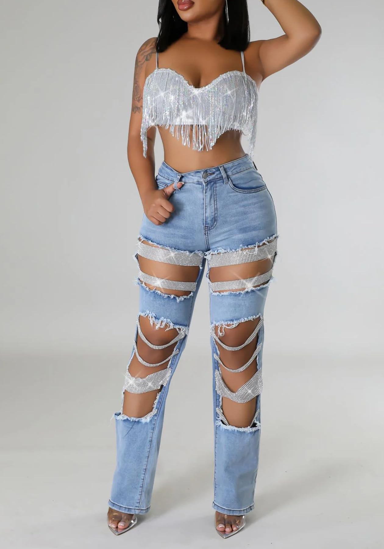 Womens Sexy Ripped Jeans High Waisted Rhinestones Pearl Chains Distressed Baggy Jeans Party Clubwear Denim Pants