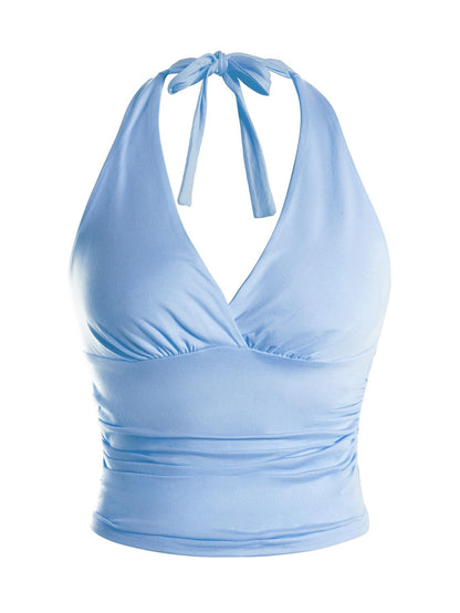 WDIRARA Women's Leopard Print Ruched Halter Crop Tops V Neck Tie Back Sleeveless Slim Fit Cami Tops