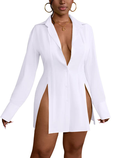LYANER Women's Button Down Shirt Dress Collar V Neck Long Sleeve Slit Sexy Shirt Dresses