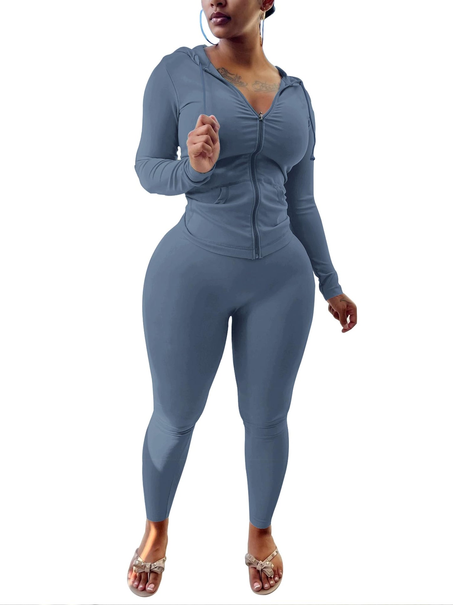 PINSV Women Two Piece Outfits Workout Sets Bodycon Tracksuit Long Sleeve Zip Up Hoodie Jacket Jogger Matching Sweat Pants Set