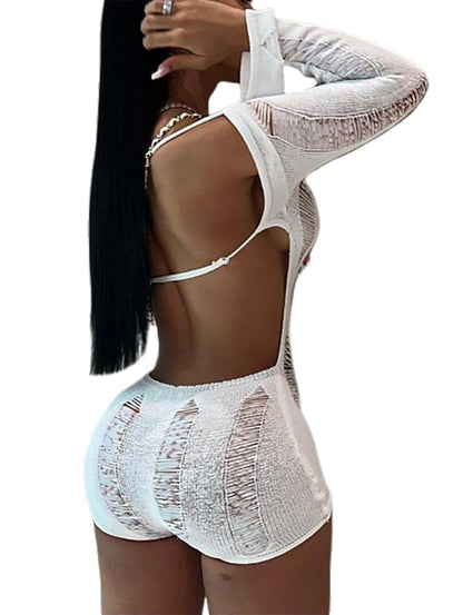 Women Sexy Off Shoulder Crochet Knitted Hollow Out Long Sleeve Romper Backless Bodycon Party Club Night Rompers
