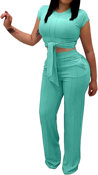 EDITCOZY Women 2 Piece Outfits Sexy Tie Front Crop Top Wide Leg Pants Sets Casual Summer Ribbed Two Piece Set
