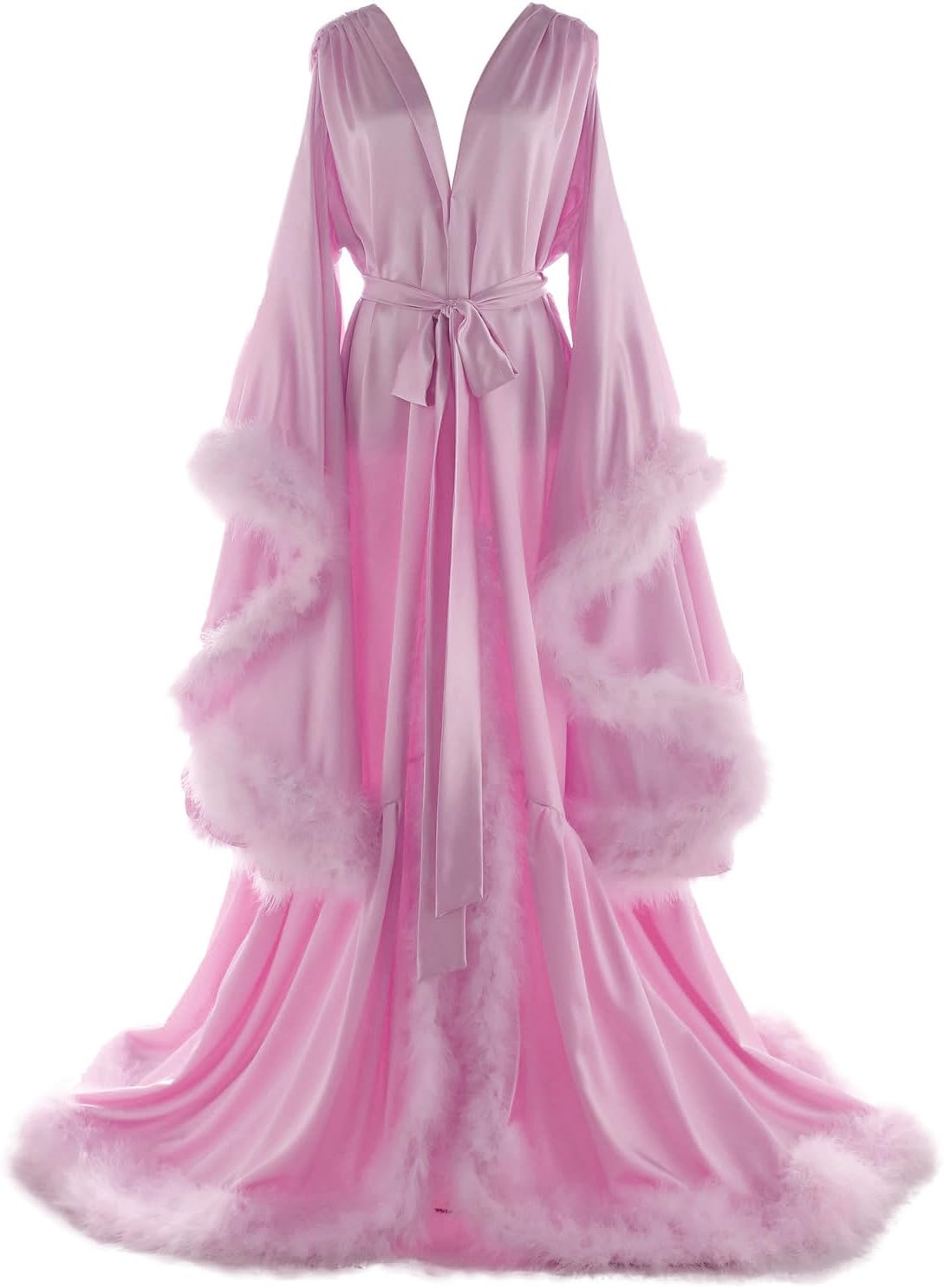 Women's Feather Bridal Robes Old Hollywood Maternity Photoshoot Nightgown Silk Bathrobe Long Lingerie