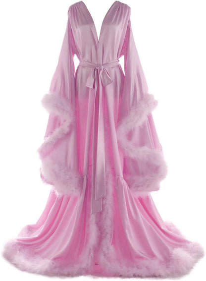 Women's Feather Bridal Robes Old Hollywood Maternity Photoshoot Nightgown Silk Bathrobe Long Lingerie