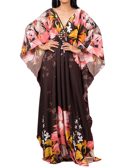Bsubseach Women Ethnic Print Kaftan Beach Dress Plus Size Swimsuit Cover Up
