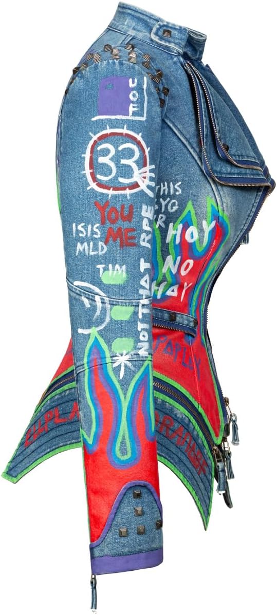 FUYUAN Women's fashion studs perfectly shaped artificial leather jacket graffiti punk motorcycle jacket