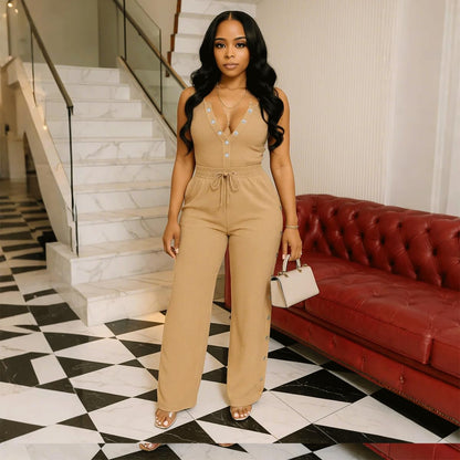 Two Piece Sets for Women Summer Casual Sleeveless Button Crop Top Drawstring Wide Leg Pants Set