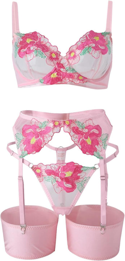 Lilosy Sexy Leaf Floral Embroidered Mesh Sheer Women Underwire Push Up Lingerie Set
