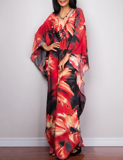 Bsubseach Women Ethnic Print Kaftan Beach Dress Plus Size Swimsuit Cover Up