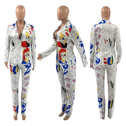 Womens Sexy 2 Pieces Graffiti Print Blazer Suit Pants Set Nightclub Tracksuit Outfit Set