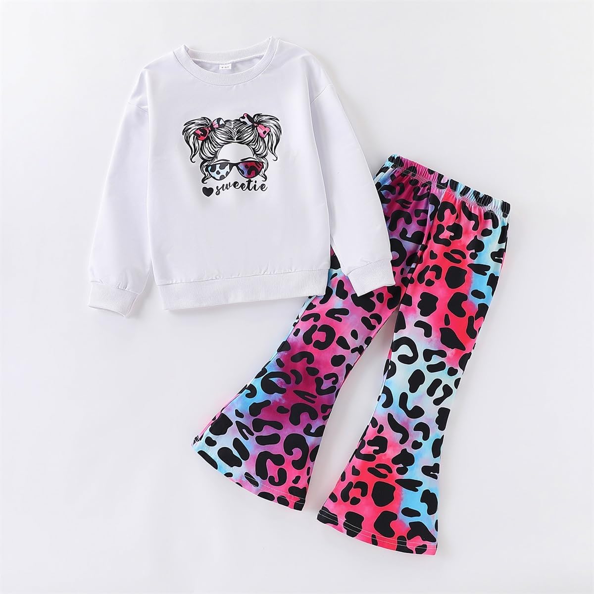 Toddler Girl Clothes Long Sleeve Cartoon & Letter Graphic Top + Fruit Stationery Print Flared Leg Pants