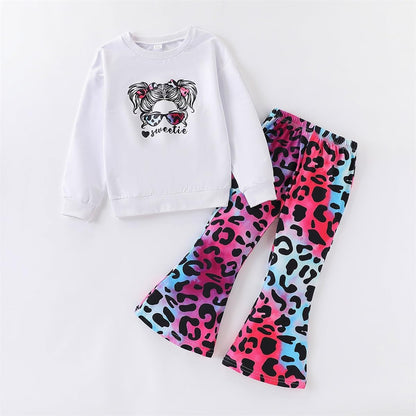Toddler Girl Clothes Long Sleeve Cartoon & Letter Graphic Top + Fruit Stationery Print Flared Leg Pants