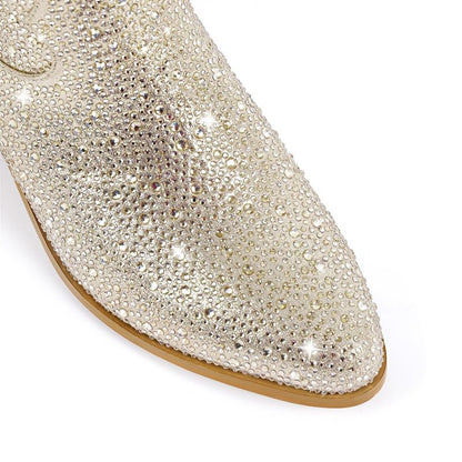 Richealnana Sparkly Rhinestones Cowboy Cowgirl Style Boots Calf High Boots for Women 2INCH Heeled Shining Pull On Tabs