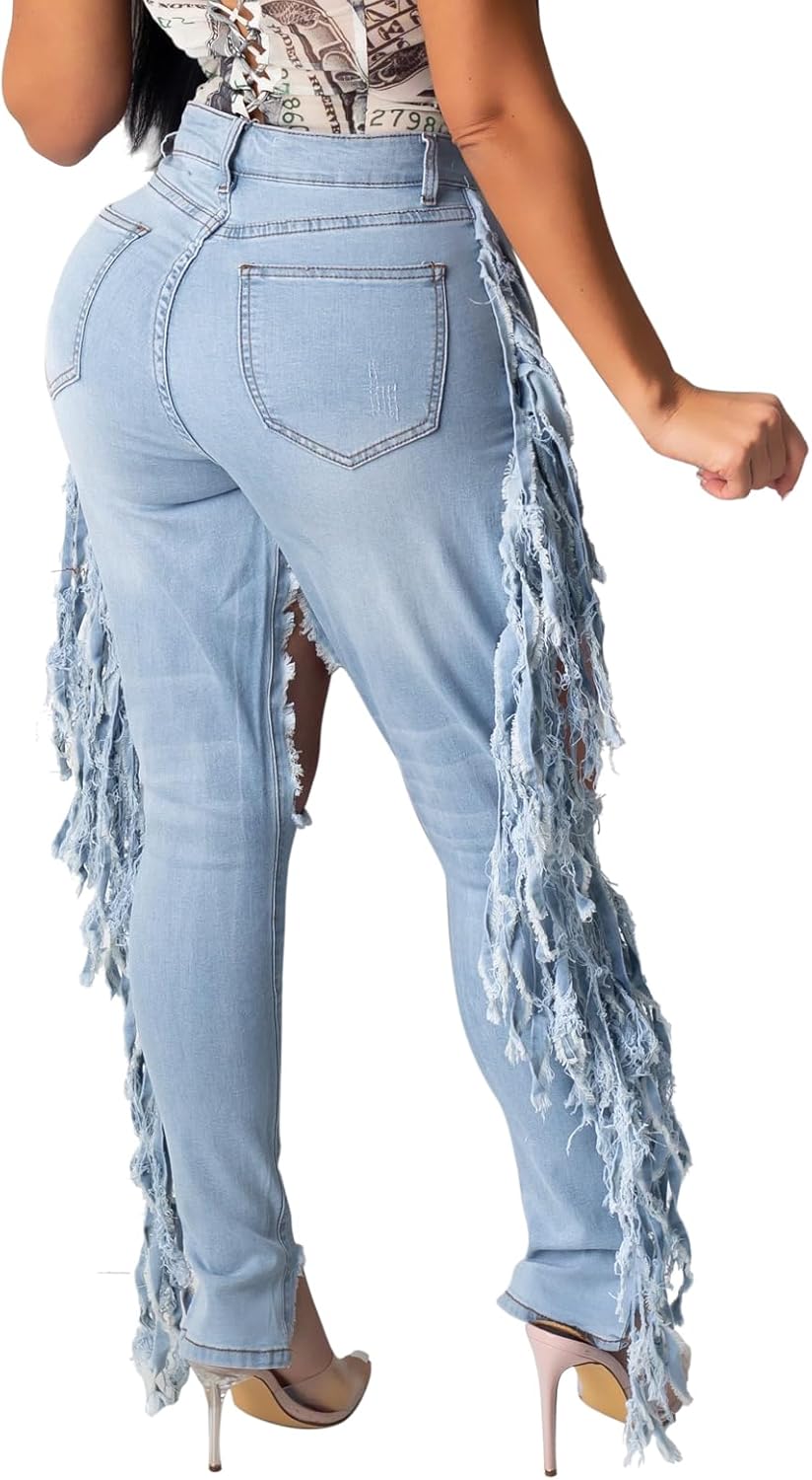 Women's Skinny Ripped Jeans Stretch Destroyed Mid High Waist Denim Pants