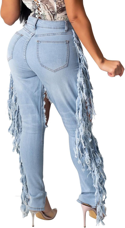 Women's Skinny Ripped Jeans Stretch Destroyed Mid High Waist Denim Pants