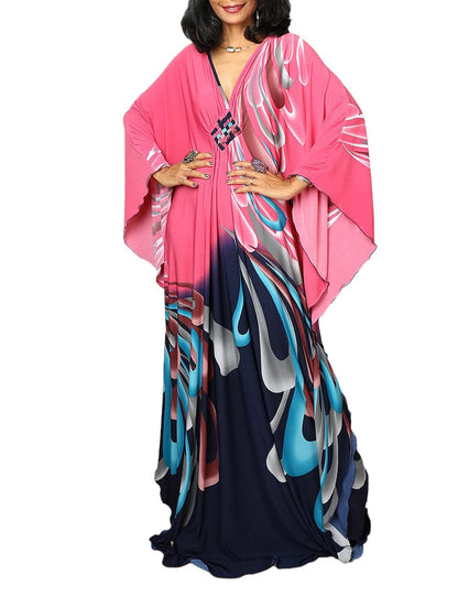 Bsubseach Women Ethnic Print Kaftan Beach Dress Plus Size Swimsuit Cover Up