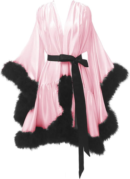 Yexinbridal Feather Fur Robe Silk Satin Bridal Dressing Gown Sexy Illusion Lingerie Nightgown Bathrobe Sleepwear