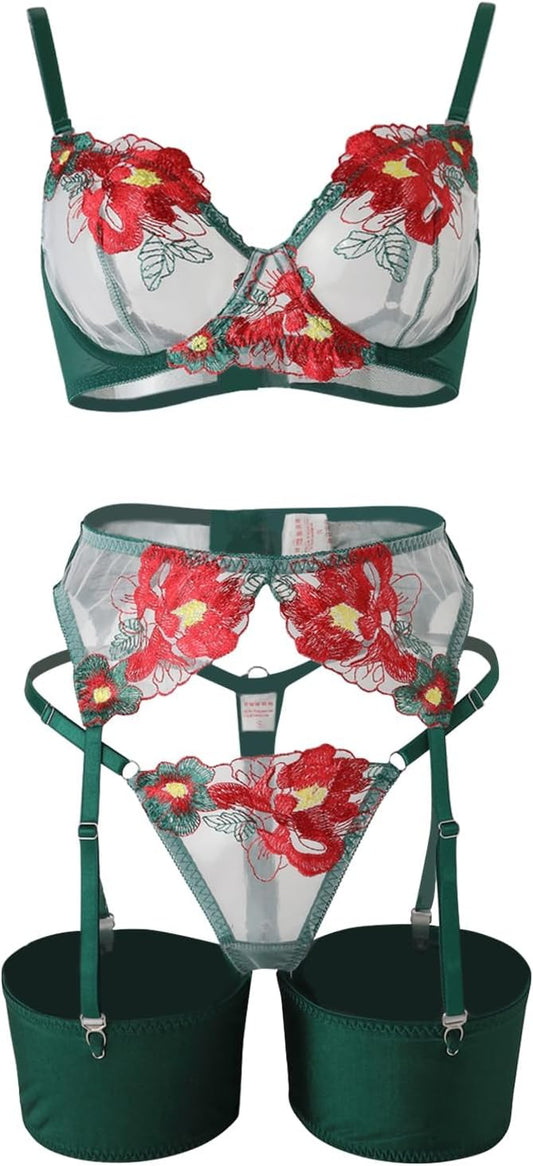 Lilosy Sexy Leaf Floral Embroidered Mesh Sheer Women Underwire Push Up Lingerie Set