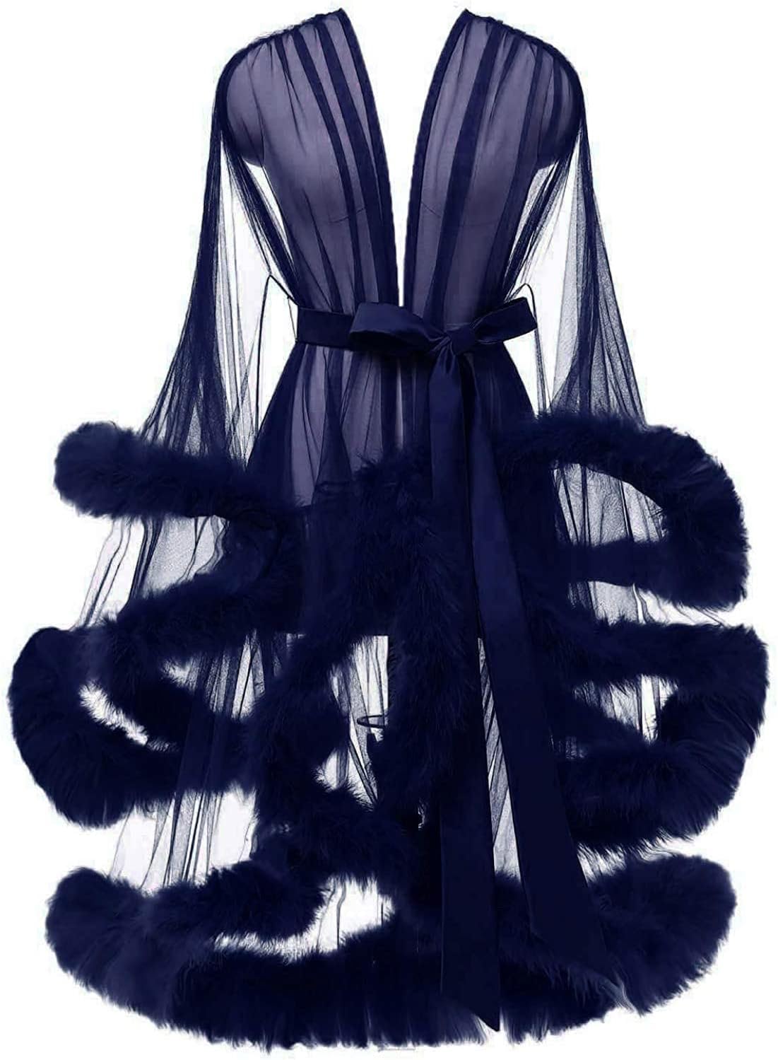 Tulle Feather Robe Sexy Sheer Mesh Fur Bridal Illusion Boudoir Bathrobe Nightgown Christmas Lingerie