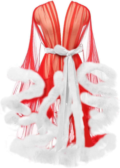 Tulle Feather Robe Sexy Sheer Mesh Fur Bridal Illusion Boudoir Bathrobe Nightgown Christmas Lingerie