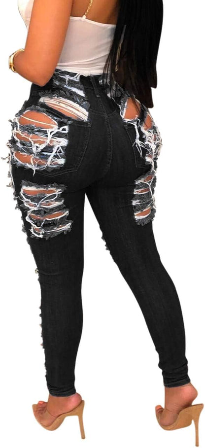 Women's Skinny Ripped Jeans Stretch Destroyed Mid High Waist Denim Pants