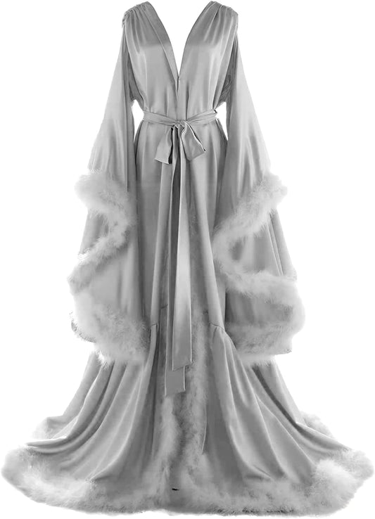 Women's Feather Bridal Robes Old Hollywood Maternity Photoshoot Nightgown Silk Bathrobe Long Lingerie