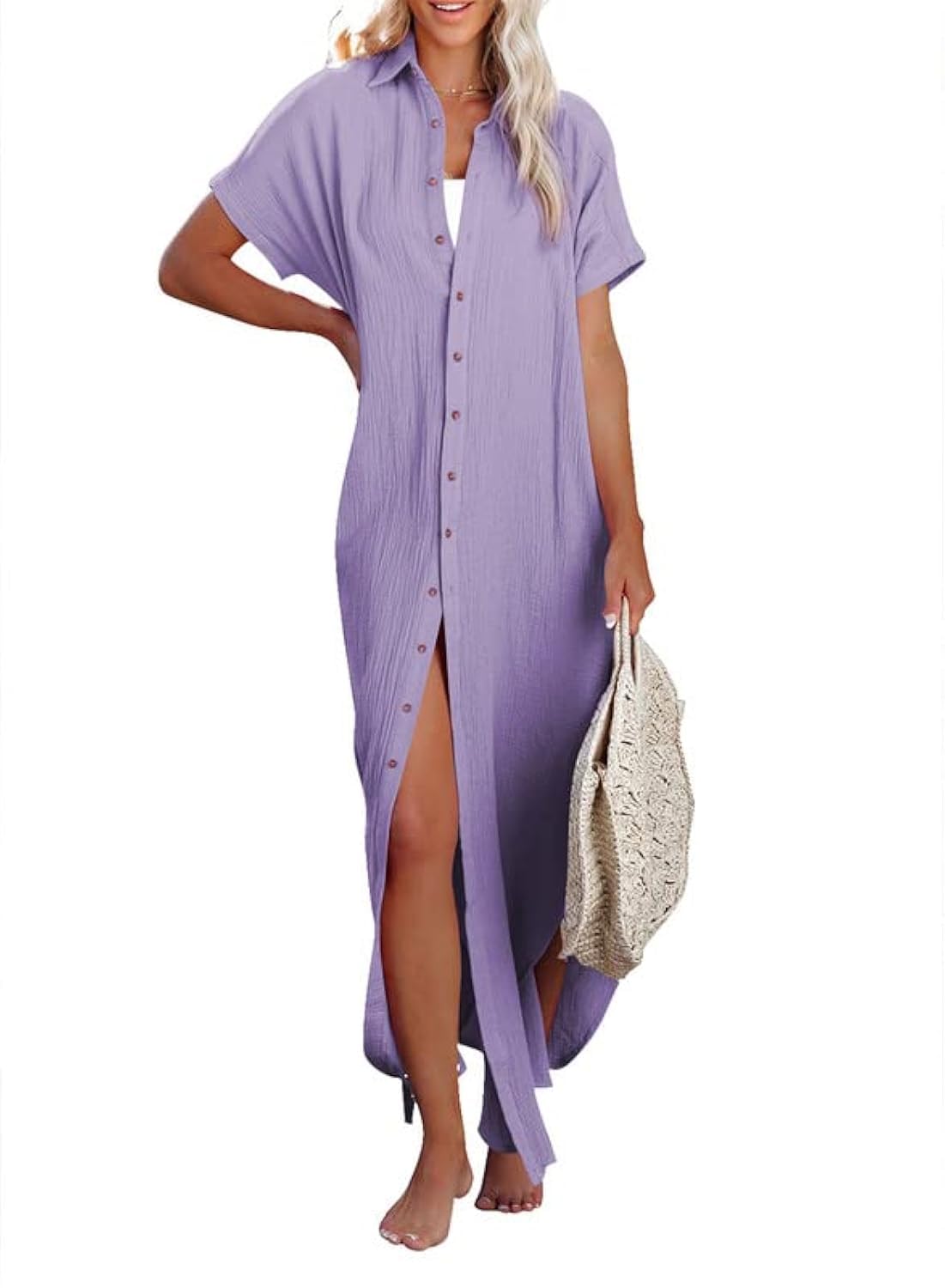 Dokotoo Womens Casual Short Sleeve Side Split Button Down Long Kimonos Cardigans Swimsuit Cover Ups Summer Beach Dress