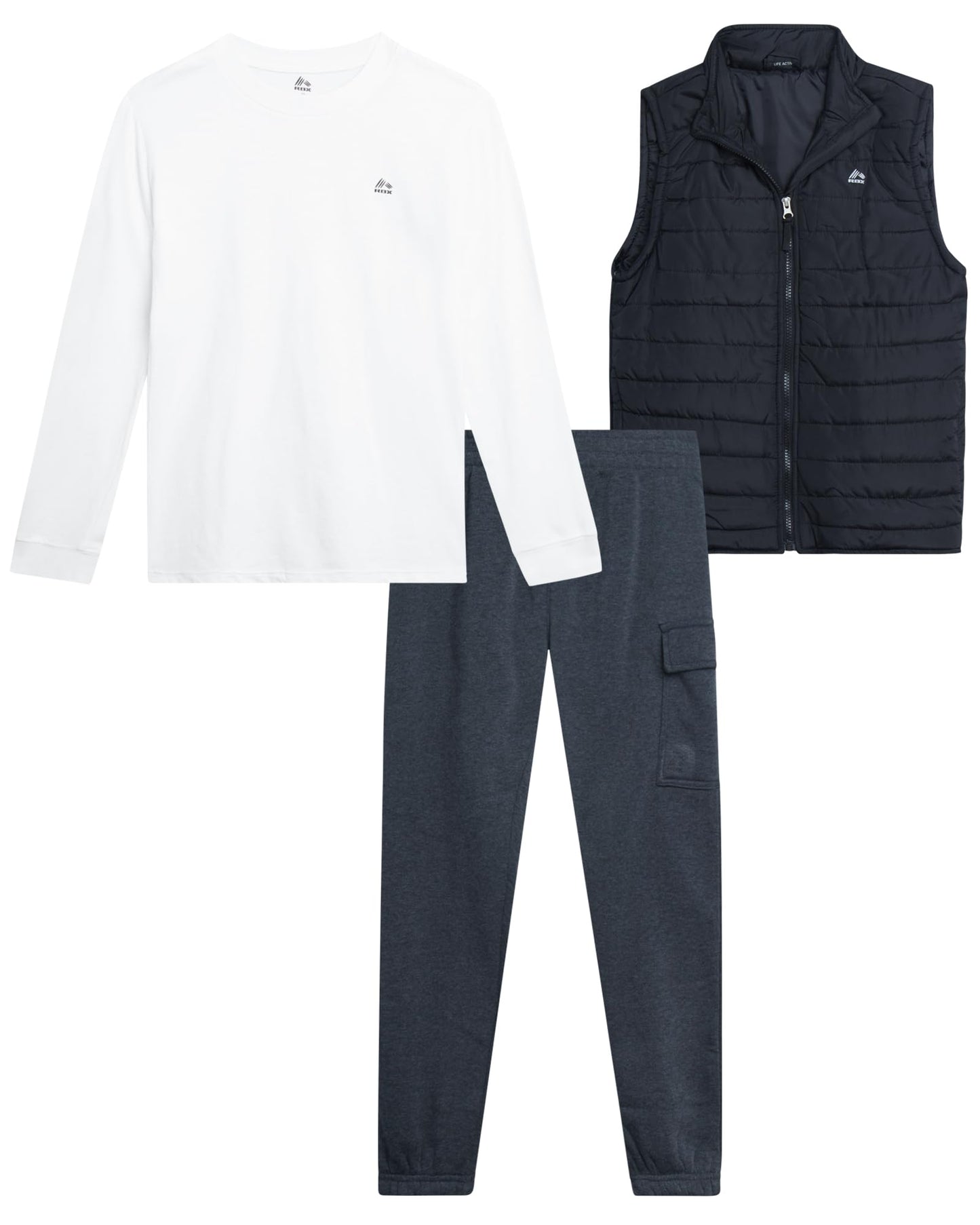 RBX Boys Pants Set - 3 Piece Zip Up Puffer Vest, Crew Neck Long Sleeve T Shirt and Fleece Joggers for Boys (Sizes: 4-12)