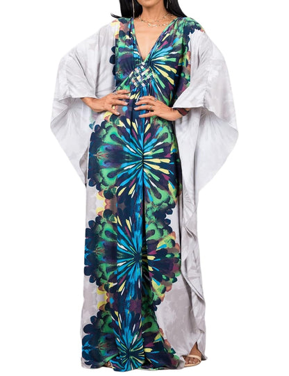 Bsubseach Women Ethnic Print Kaftan Beach Dress Plus Size Swimsuit Cover Up