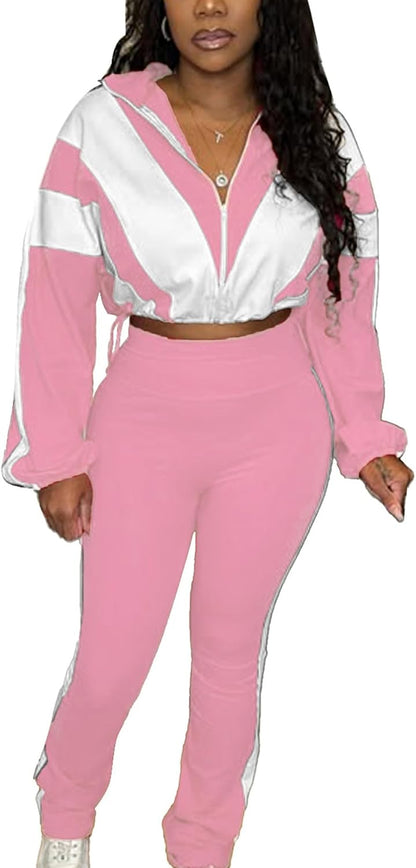 Women 2 Piece Outfit Long Sleeve Zip Up Crop Jacket High Waist Stretchy Pants