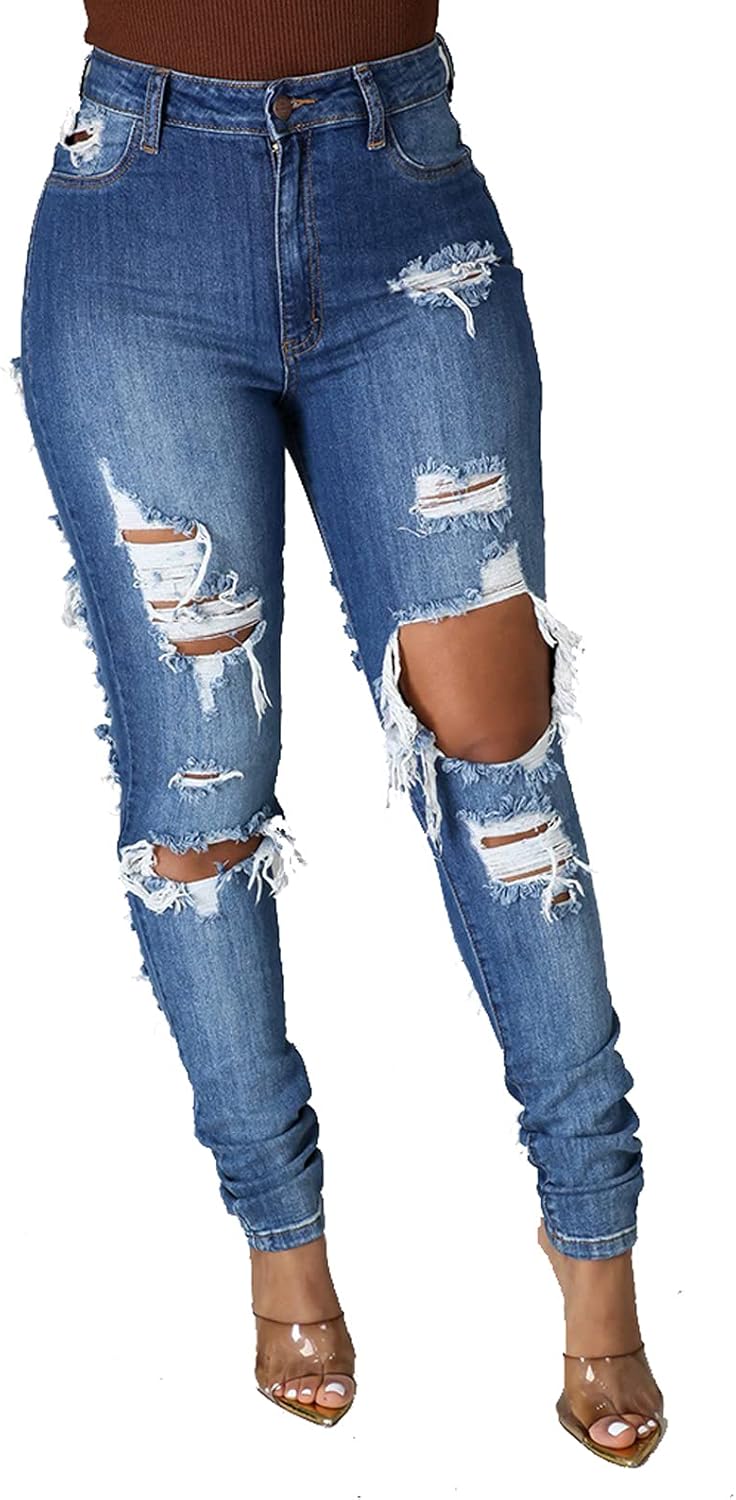 Women's Skinny Ripped Jeans Stretch Destroyed Mid High Waist Denim Pants