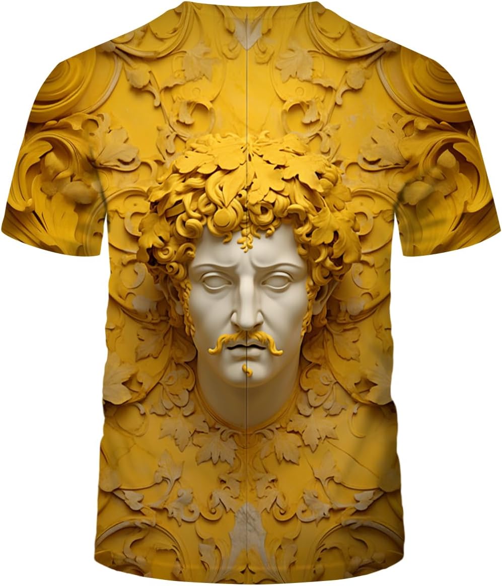 LAOLIUSN Men's Gold Shiny Printed T-Shirt - Golden Ornate Theme, Floral Graphic Tee Shirt