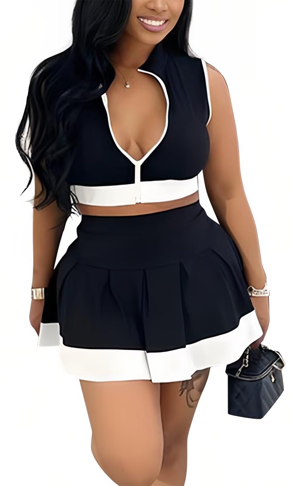Tennis Outfit Skirt Sets Women 2 Piece Outfits Zipper V Neck Crop Tops and Pleated Skirt Set Summer Tracksuits