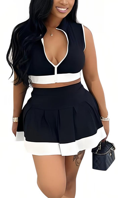 Tennis Outfit Skirt Sets Women 2 Piece Outfits Zipper V Neck Crop Tops and Pleated Skirt Set Summer Tracksuits
