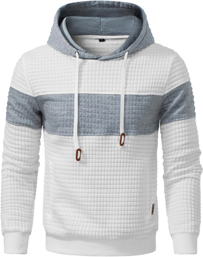 Men’s Sweatshirts Long Sleeve Pullover Patchwork Plaid Jacquard Hoodie Casual Drawstring Hoody Top