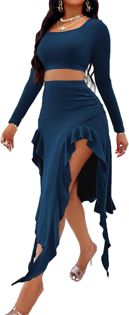 BARASA Women Summer 2 Piece Skirt Sets Comfy Ruffle Trim Irregular Split Sexy Y2k Club Party Tops Jellyfish Skirt Suits S69