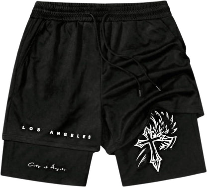 Men's Graphic Shorts with Liner Cross Print Drawstring 2 in 1 Gym Track Bottoms