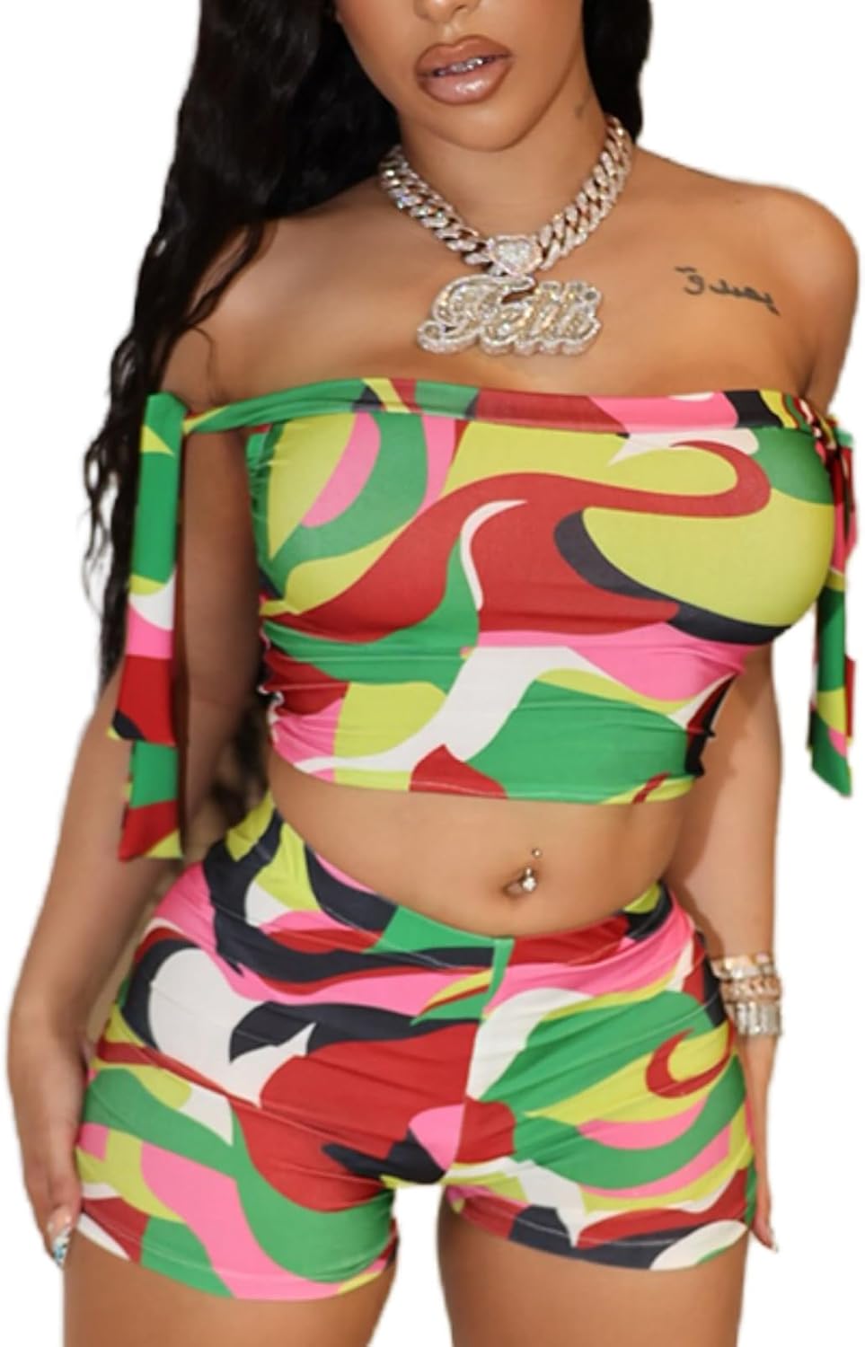 Mandonce Shorts Sets Women 2 Piece Outfits Off The Shoulder Strappy Tie Sleeveless Crop Top and Bodycon Shorts Clubwear Sexy