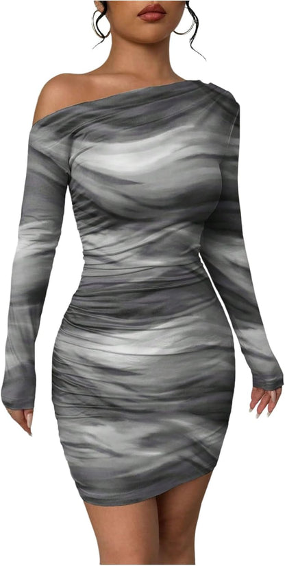 Women's Off Shoulder Ombre Tie Dye Bodycon Dress Long Sleeve Slim Fit Pencil Mini Dresses