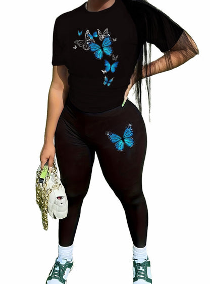 TOPONSKY Women Two Piece Workout Outfits Biker Short-Sleeve Long-Pant Sets