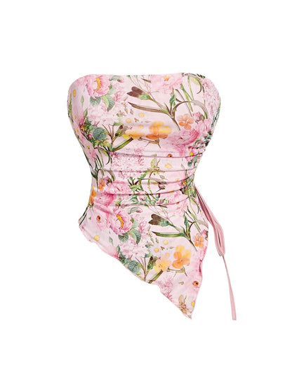 WDIRARA Women's Floral Mesh Strapless Side Ruched Tube Top Asymmetrical Hem Bandeau Crop Tops