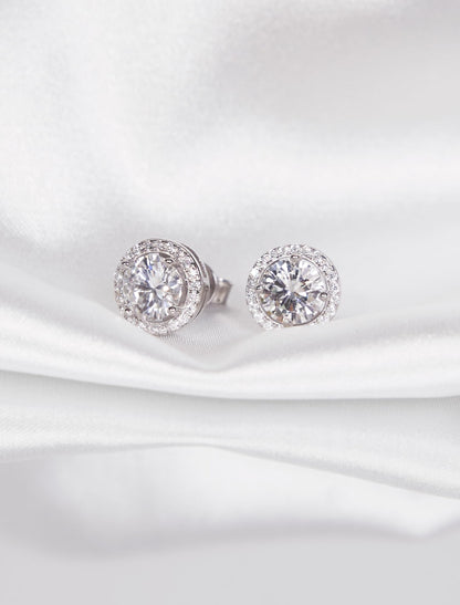 Moissanite Stud Earrings, VVSI Quality D Color Round Cut, Lab Created 925 Sterling Silver with 18K White Gold Plated, Double Halo Design – Idea Gift for Women Men