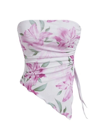 WDIRARA Women's Floral Mesh Strapless Side Ruched Tube Top Asymmetrical Hem Bandeau Crop Tops