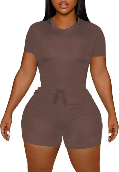 LovelyWholesale Women's Summer 2 Piece Outfits Skinny Shorts Tracksuit Sets