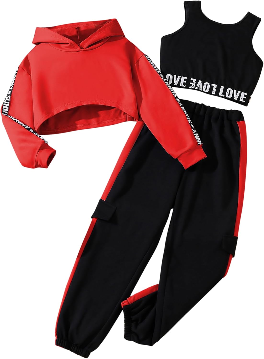 Hilinker Girls Graphic 3 Piece Outfits Workout Crop Hoodie Ribbed Tank and Sweatpants Set